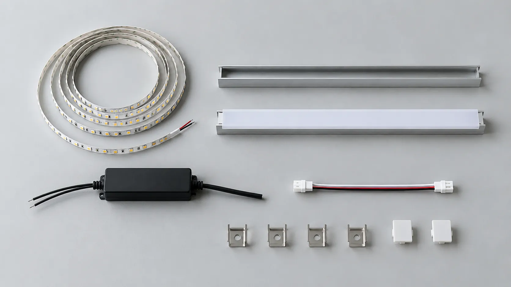 Flat lay of a ceiling lighting kit: coiled white LED tape, aluminium channel, frosted cover, driver and clips