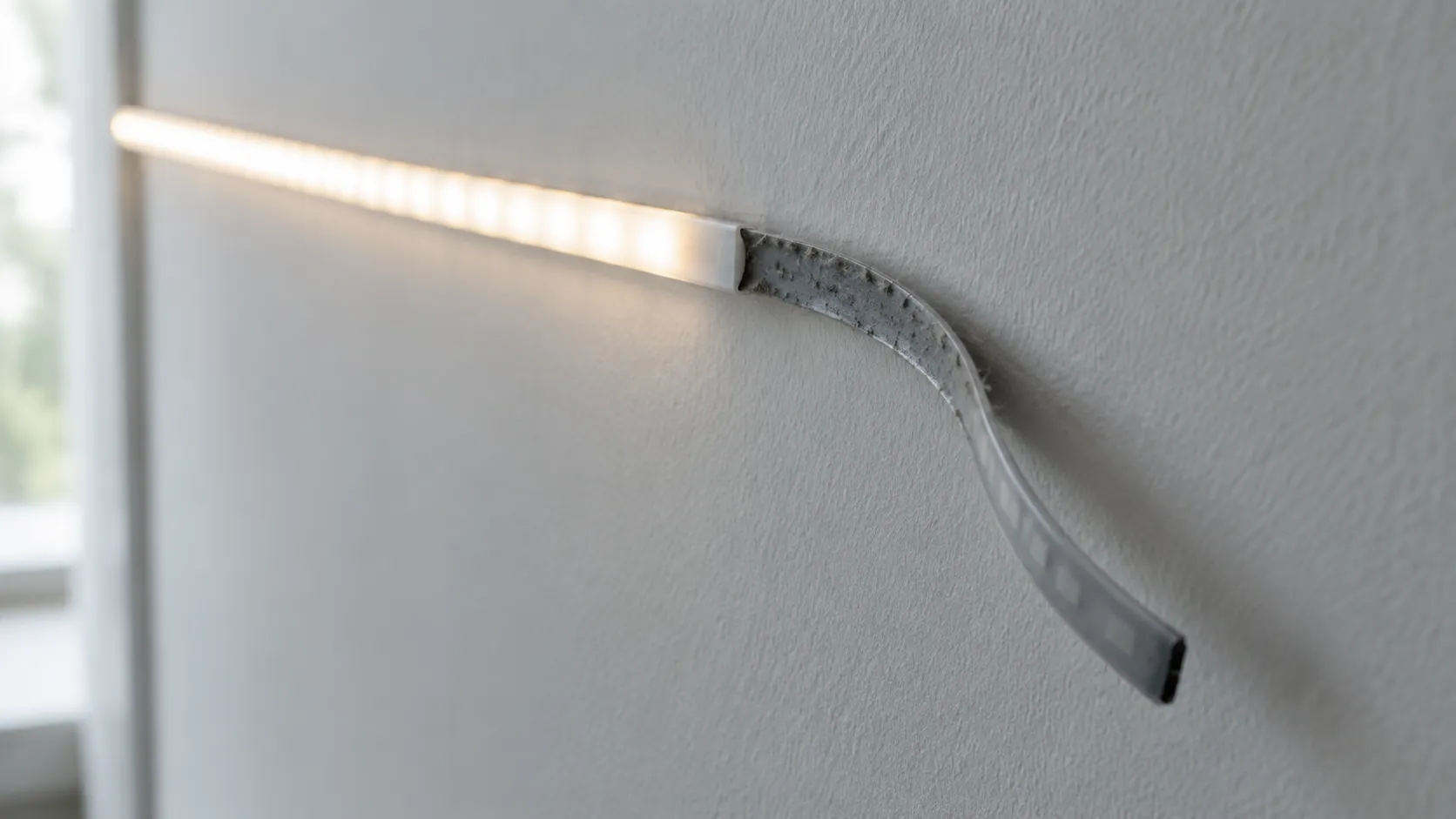 LED strip lifted away from a painted wall at one end, dust visible on the exposed adhesive backing