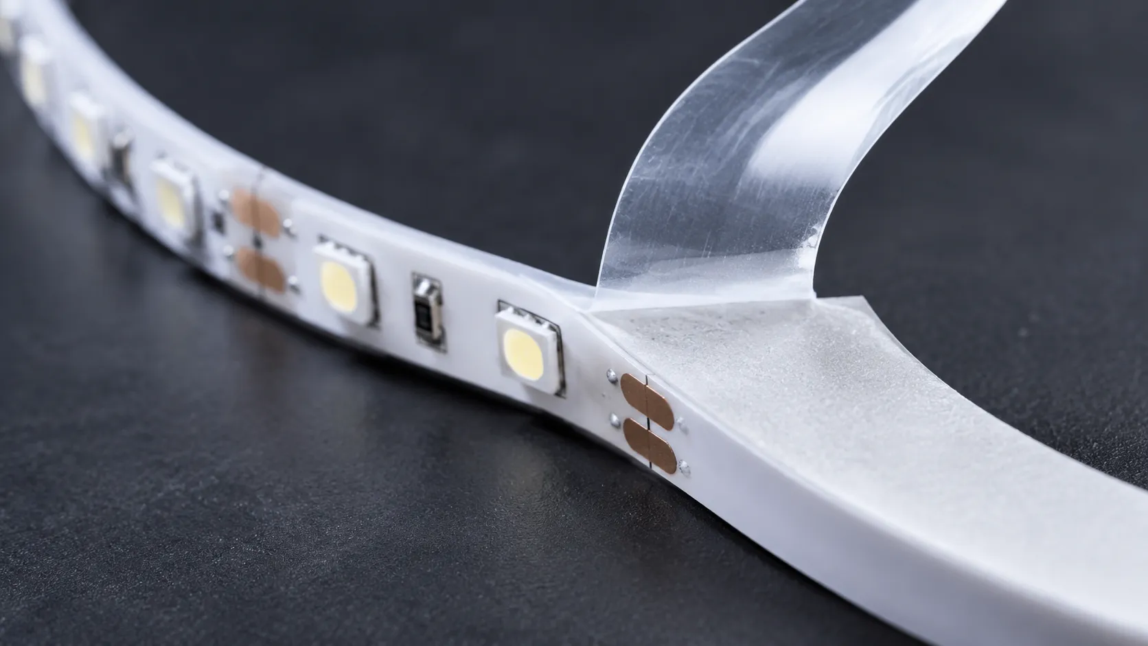 Macro view of the protective liner being peeled from the adhesive backing on the rear of an LED strip reel