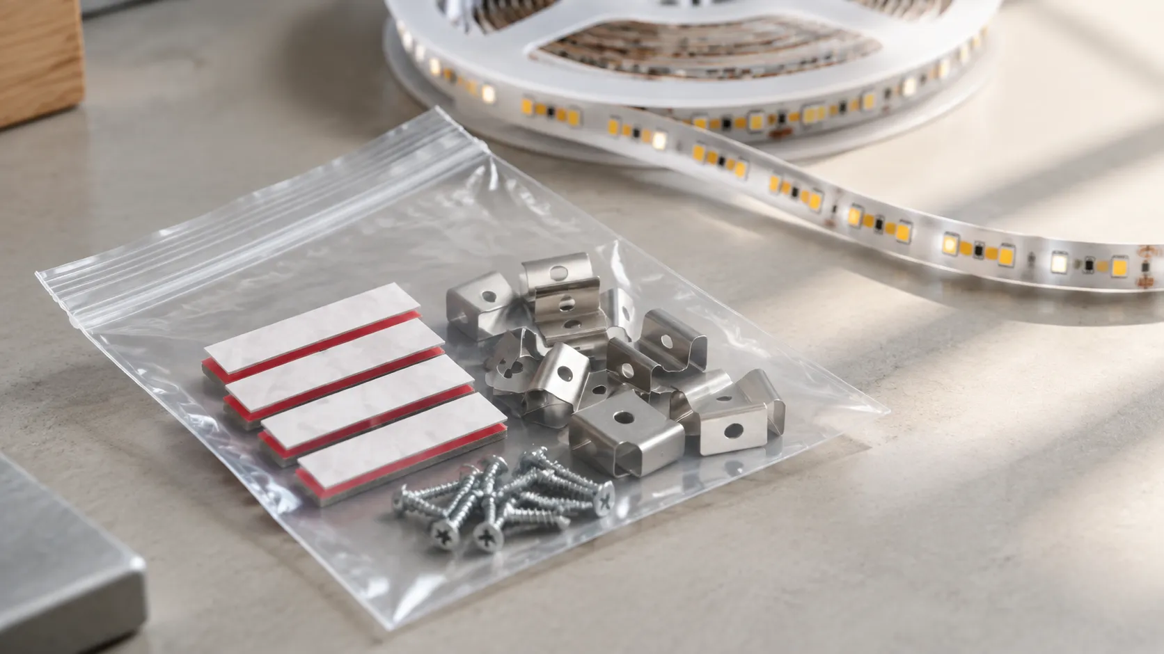 Small resealable parts bag holding cut lengths of replacement adhesive and metal mounting clips beside an LED strip reel
