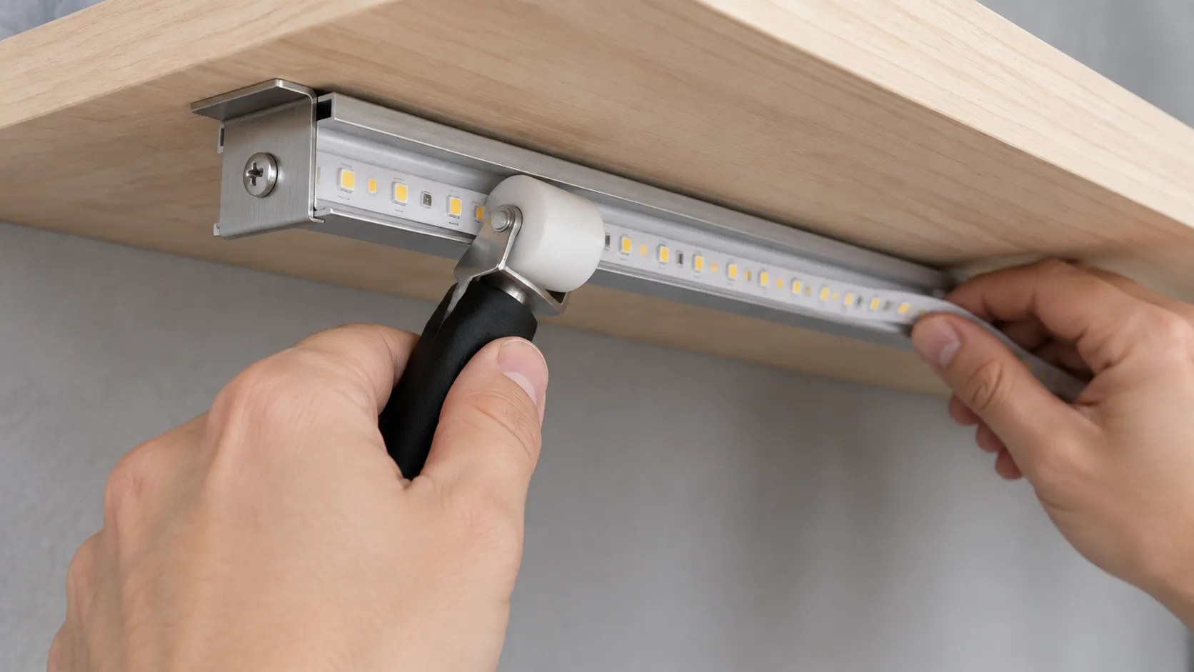 Hands running a small roller along an LED strip seated in an aluminium channel, with a mounting clip fitted at the corner