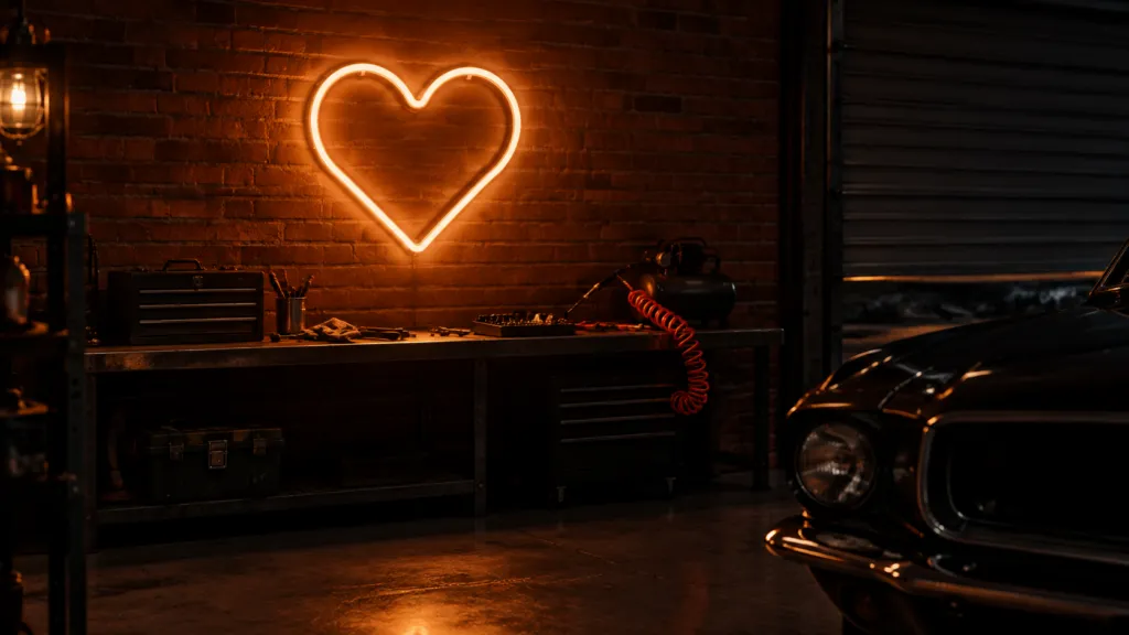 Specifying a Neon Sign for Garage Walls: Dust, Heat, Brick