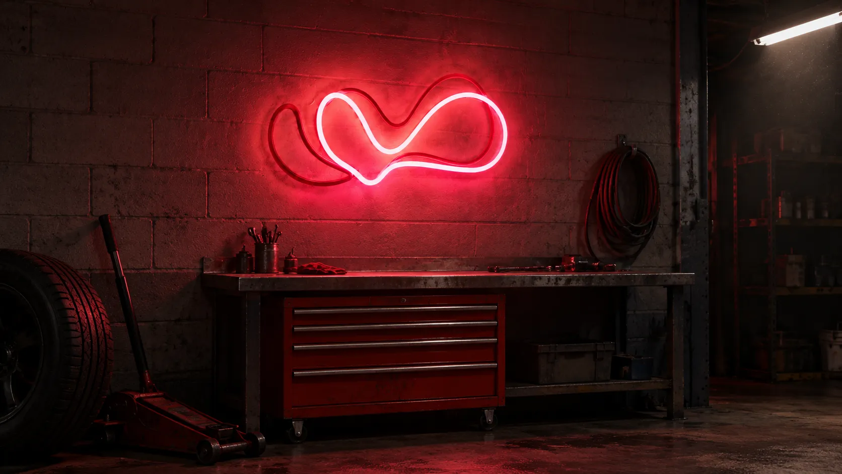 Red LED neon wall sign glowing above a steel workbench on a painted block wall in a working repair bay