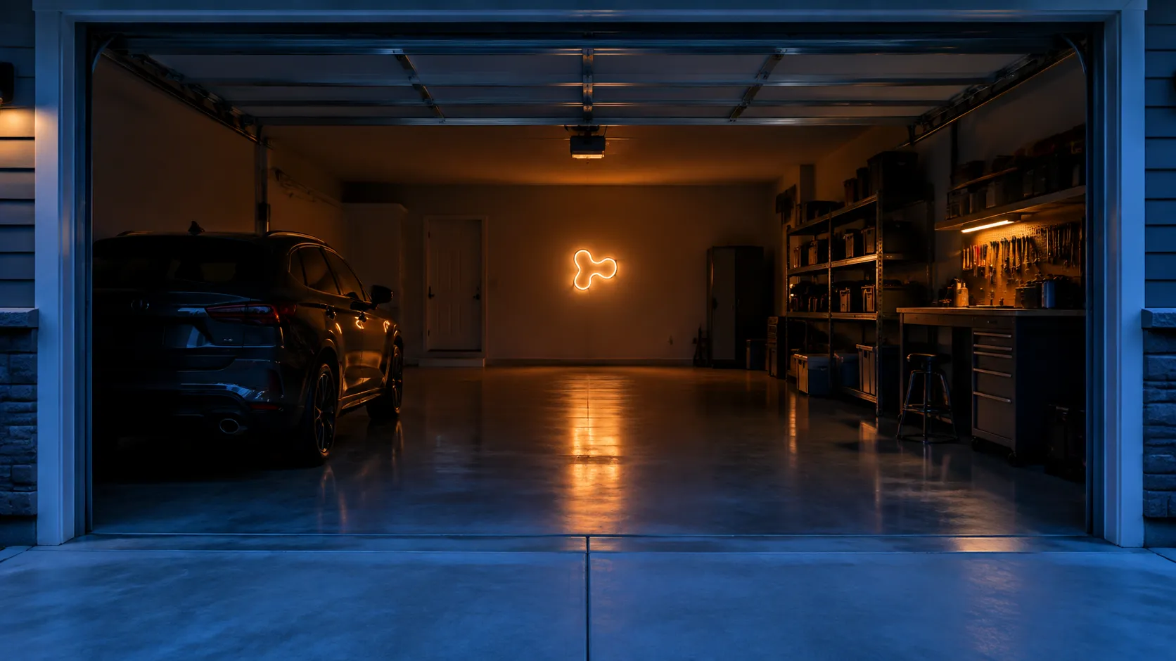 Wide view down a two-bay garage at dusk with a small amber neon wall sign glowing on the far end wall