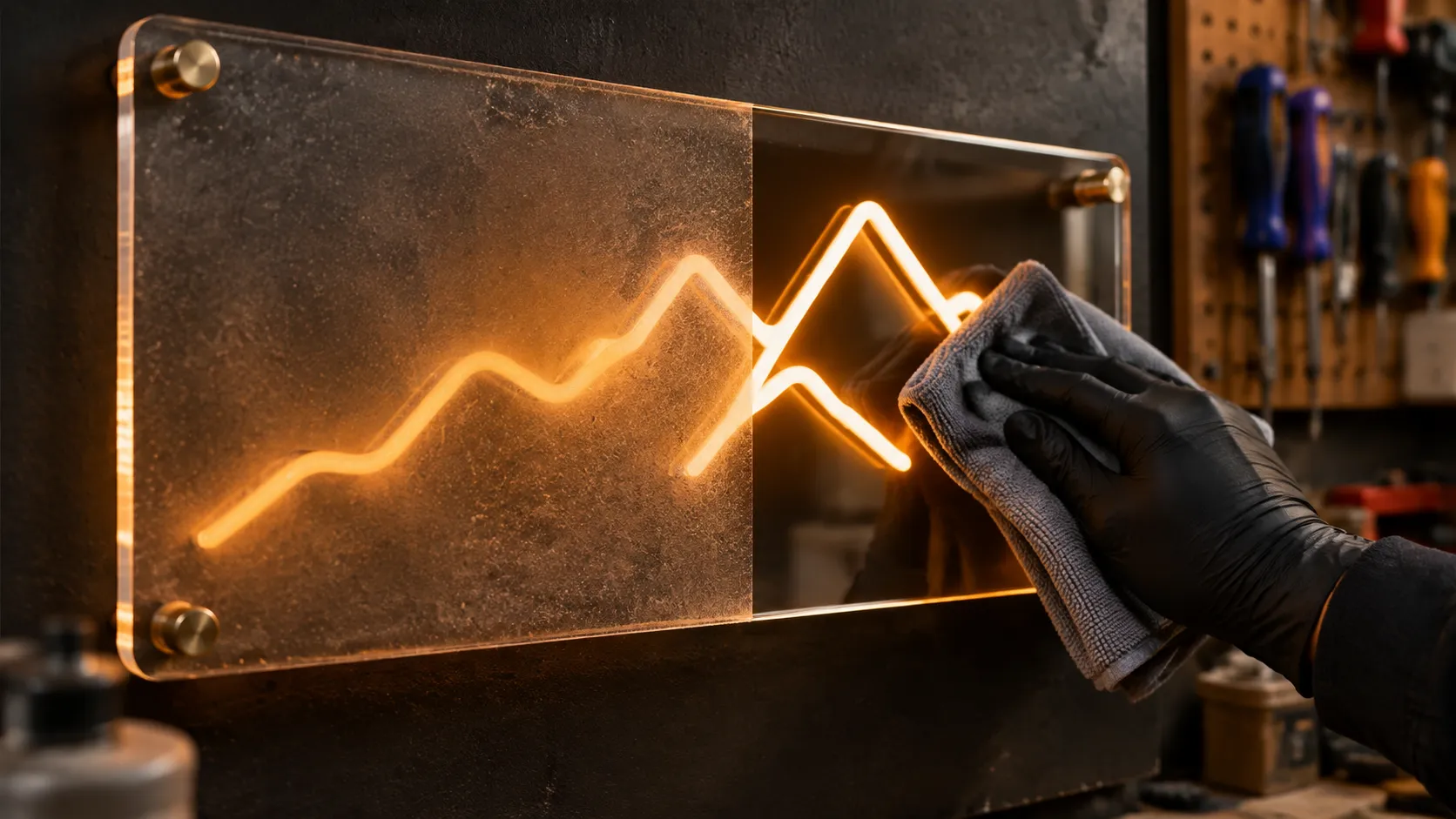 Gloved hand wiping dust film from the clear acrylic backboard of a glowing neon wall sign in a workshop