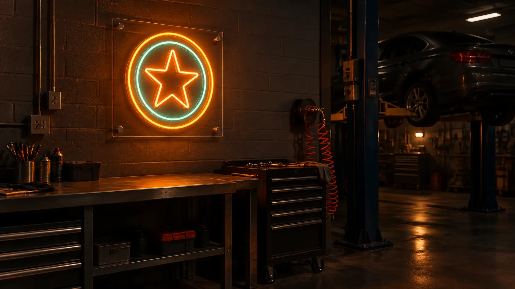 Amber business neon emblem on a clear acrylic backboard mounted on the bay wall above a workbench in a repair shop