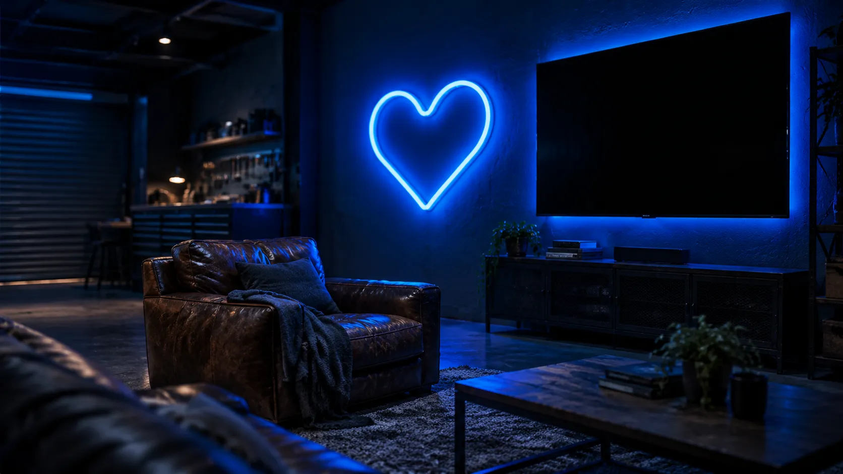 Blue neon wall light glowing beside a dark flat screen in a converted garage lounge with a leather armchair