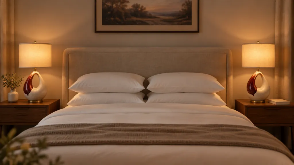 A matched pair of touch dimmable table lamps with fabric drum shades on walnut nightstands either side of a bed