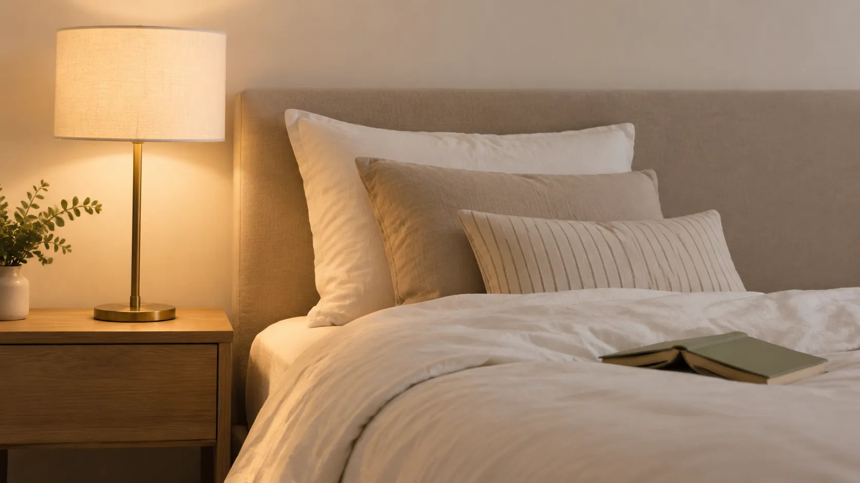 Side view of a made bed with an open book on the duvet and a lamp whose shade rim sits near a seated reader's eye line