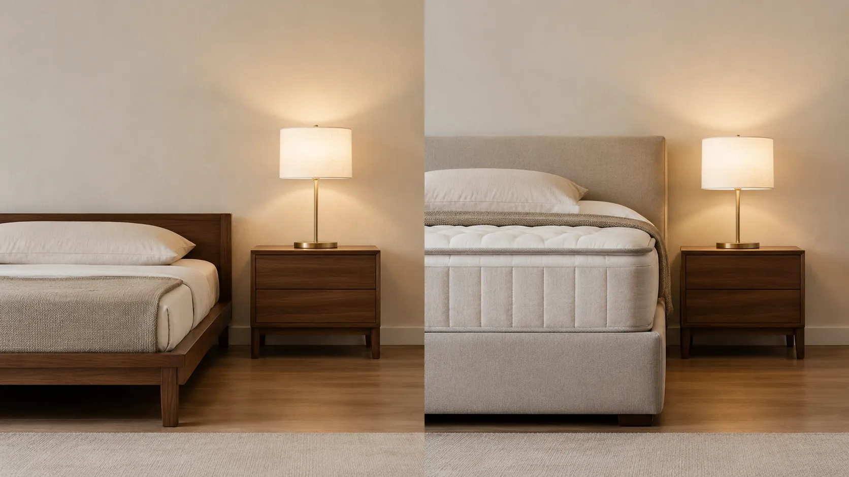 The same nightstand and lamp beside a low bed and a tall bed, the shade rim far lower above the tall mattress
