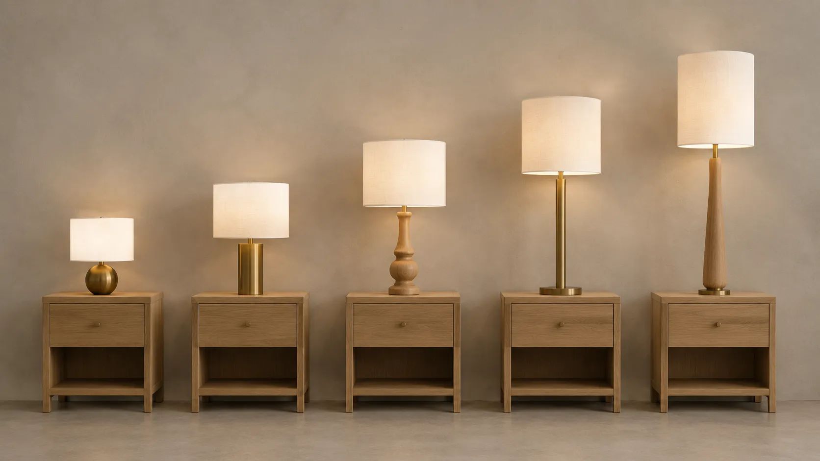 Five table lamps of stepped heights on five identical nightstands, showing how far published height ranges spread