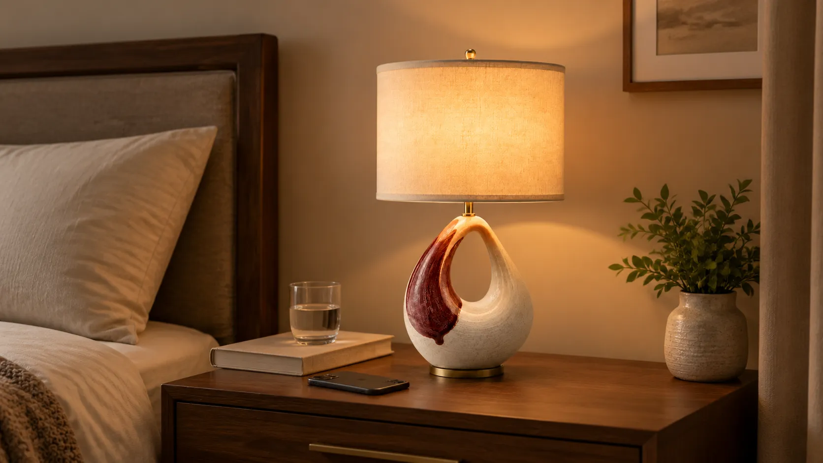 Touch dimmable table lamp with a fabric drum shade and ceramic base on a small walnut nightstand beside a book and a glass
