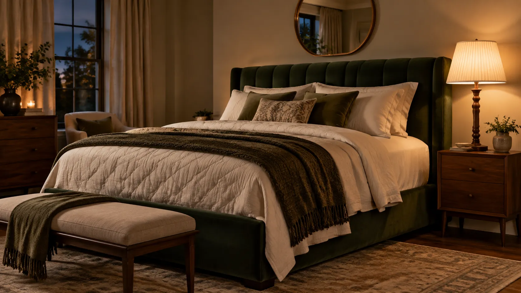 Tall table lamp on a nightstand beside a high bed with a thick mattress and a tall upholstered headboard