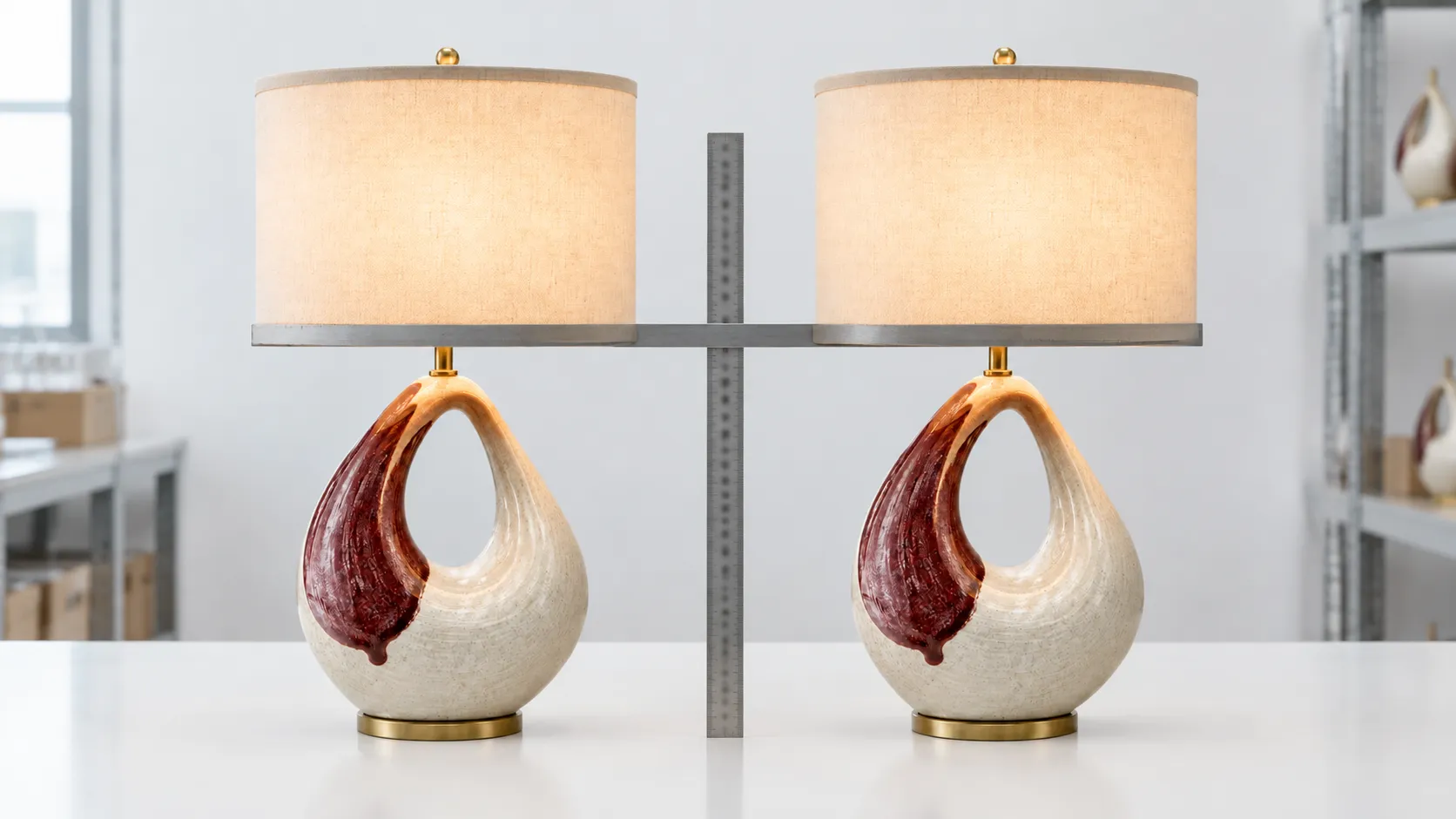 Two identical touch dimmable lamps side by side on a sample-approval table, their shade rims checked against a steel rule