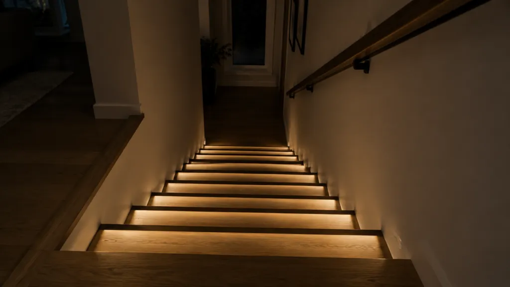LED Strip Stair Lighting: Step Edges, Glare and Switching