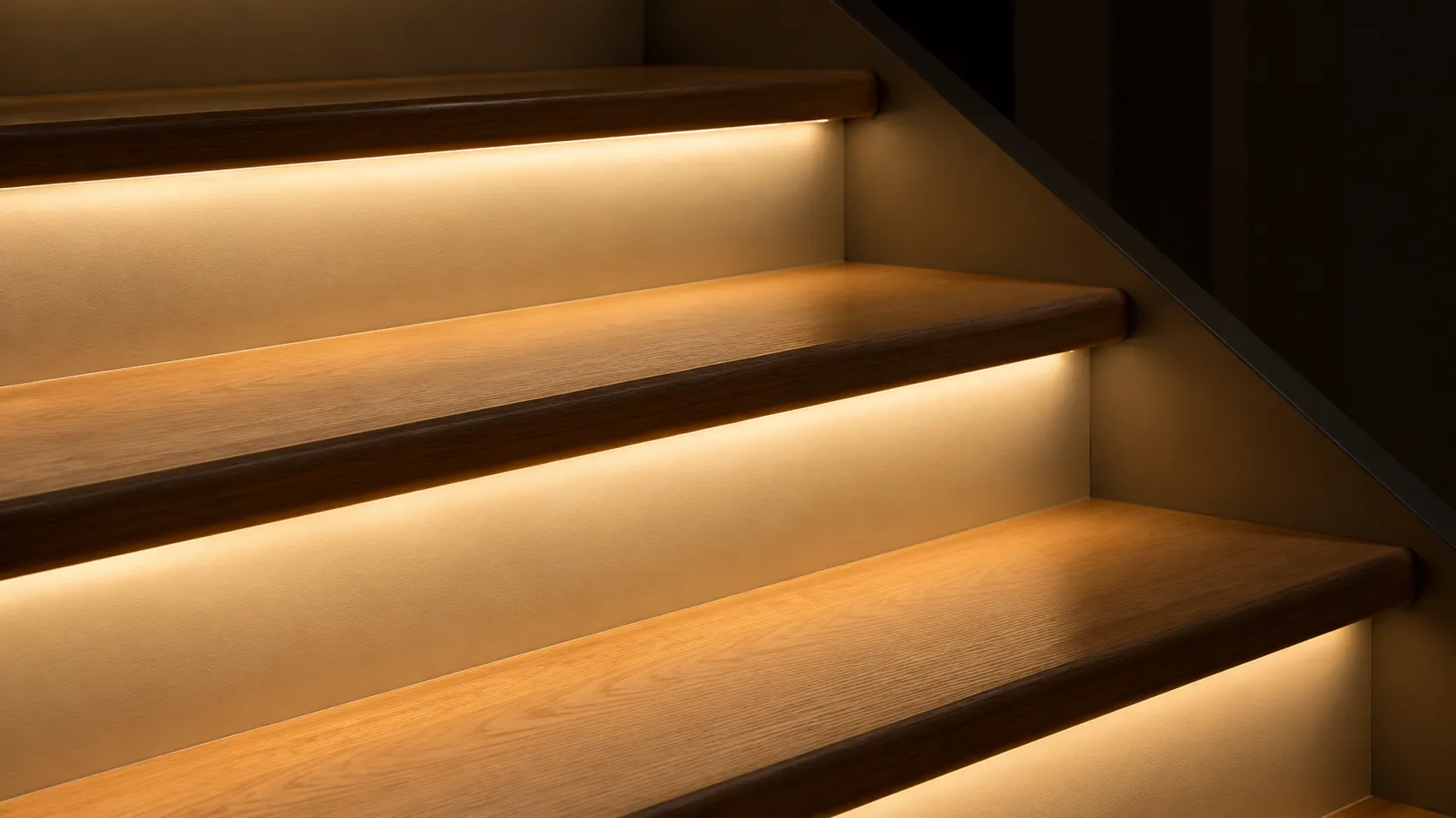 Close-up of oak stair treads with warm light from under each nosing washing the riser and tread below
