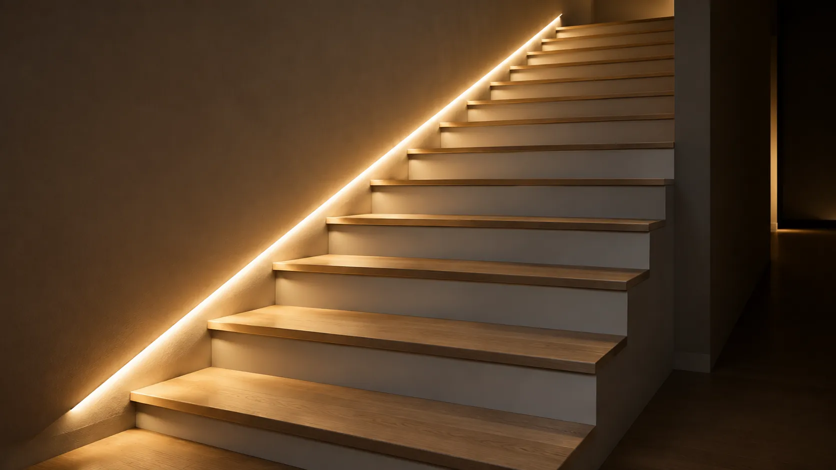 Staircase lit by a low continuous light line set into the wall along the stringer, running with the flight