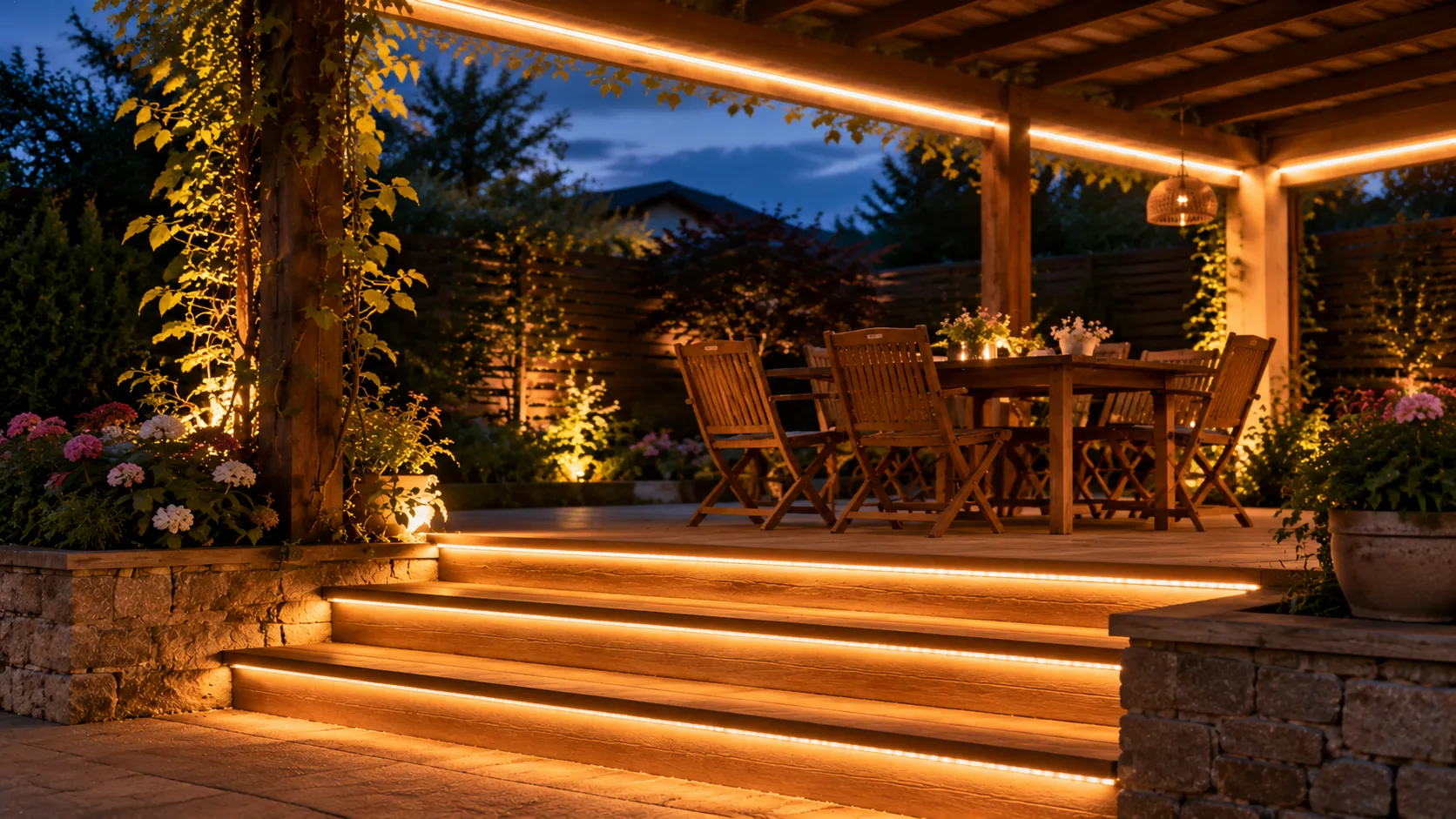 Outdoor LED strip under the front lip of timber garden steps at dusk, leading up to a pergola terrace