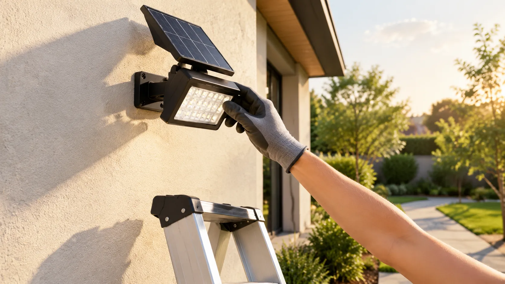 Installer on a ladder tilting a wall-mounted solar LED flood light on a rendered wall, late afternoon
