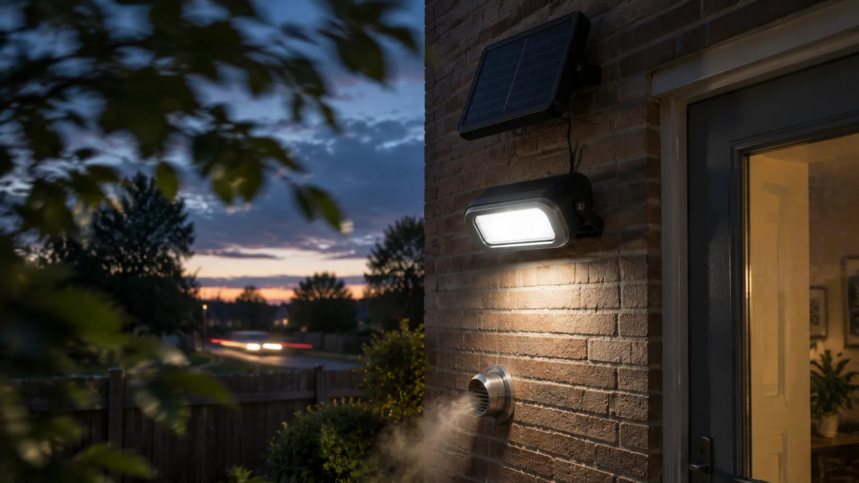 Solar security floodlight beside a side door, a wind-blown branch and a dryer vent in its view at dusk