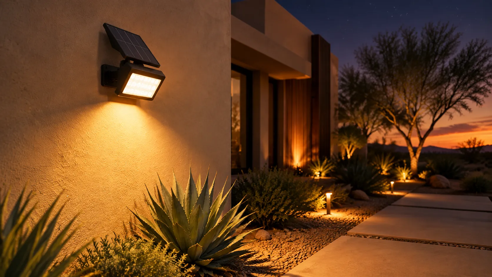 Solar LED flood light on a warm stucco wall in the desert Southwest on a hot summer night