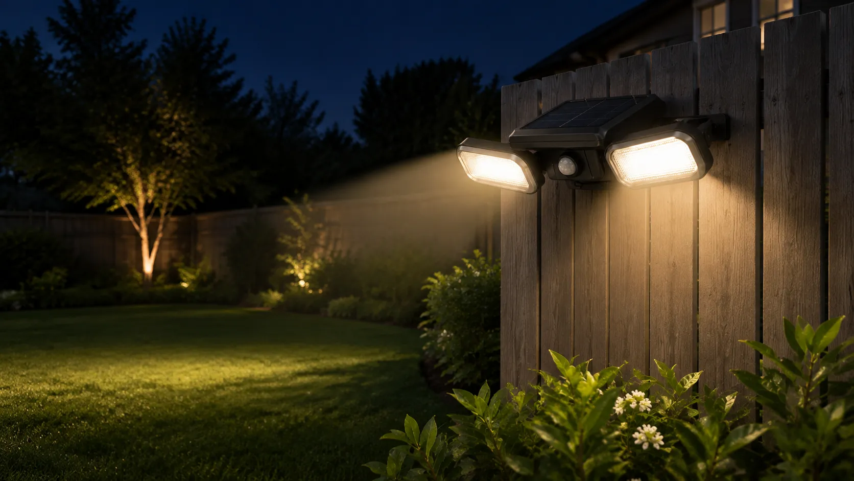 Dual-head solar motion light on a wooden fence, one head along the fence line and one across the lawn