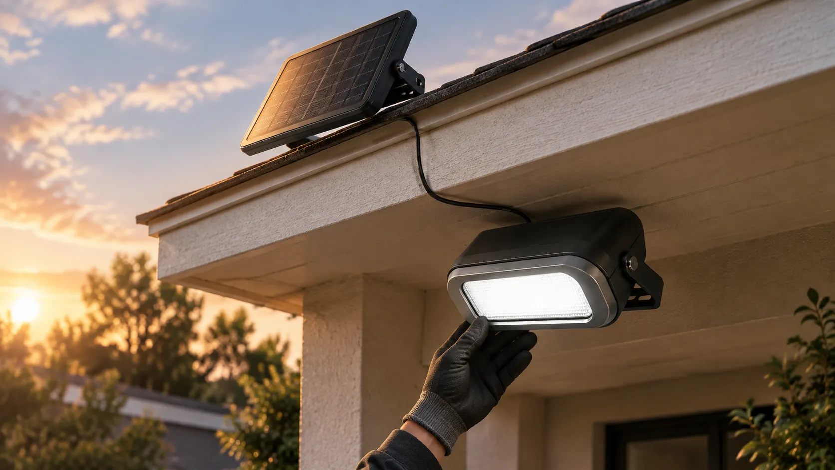 Gloved hand setting the mode on a solar security floodlight head under an eave, its panel on the roof edge