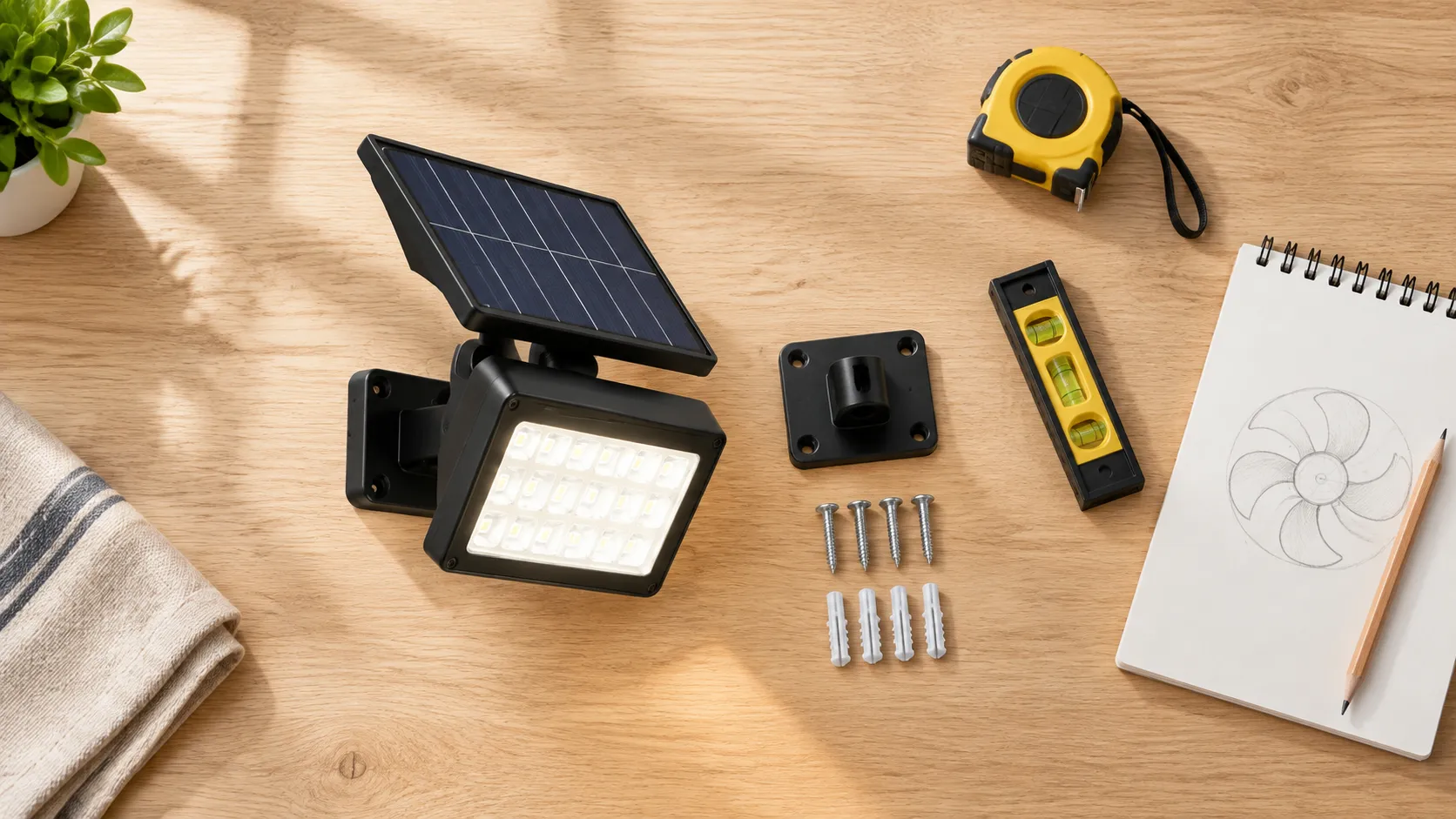 Solar LED flood light sample on a workbench with a tape measure, spirit level and a blank notepad