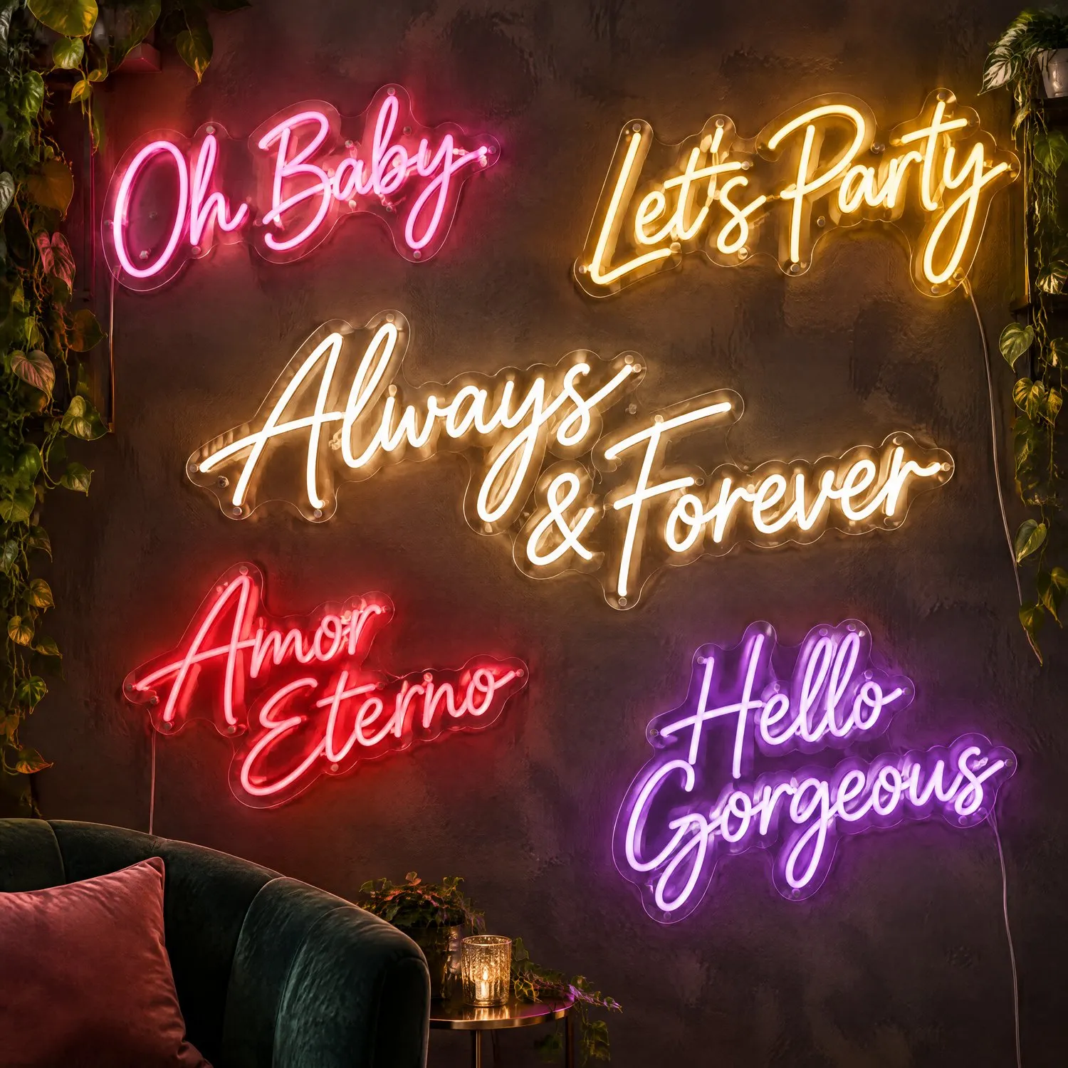 Five custom script LED neon signs on clear cut-to-shape acrylic backing, mounted on a dark textured wall