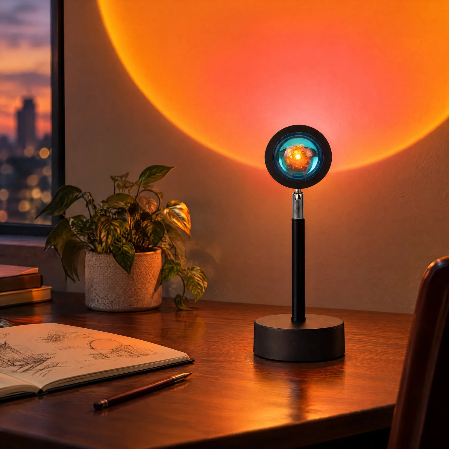 Black desk sunset projection lamp with a metal swivel joint casting an orange sunset glow on the wall