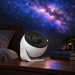 White globe-style galaxy star projector on a bedside table casting a purple galaxy and stars on the ceiling