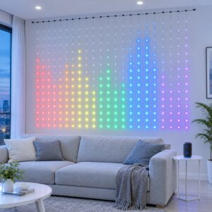 LED curtain lights showing music-sync equaliser bars above a sofa