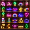Lit LED neon motif signs in a wooden display grid, including a unicorn, rainbow, cactus, heart, moon and Christmas trees