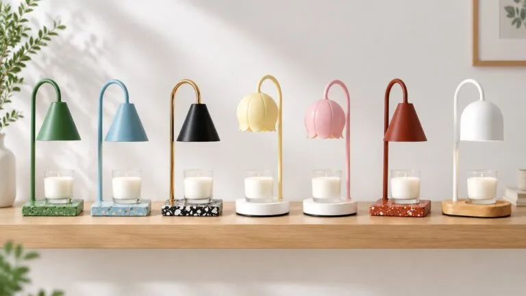 Row of seven candle warmer lamps in green, blue, black, yellow, pink, terracotta and white with cone, lily-bud and dome shades