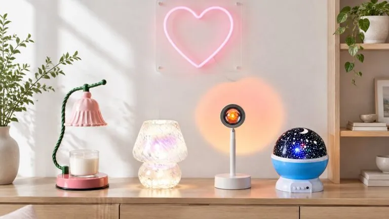 Pink bell-flower candle warmer lamp, iridescent glass mushroom lamp, sunset lamp, star projector night light and LED neon heart sign in a bright living room