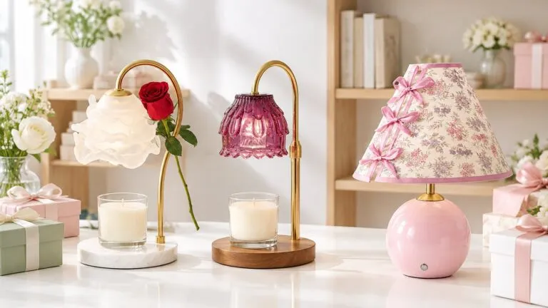 Rose-blossom and purple flower glass candle warmer lamps beside a pink ceramic table lamp and wrapped gift boxes