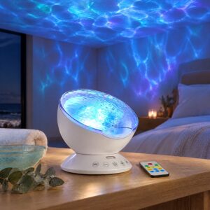 White ocean wave projector lamp with a rippled lens and remote, casting blue water ripples across a bedroom ceiling