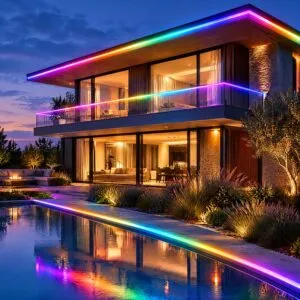 Multicolour neon LED strip lights along a house roofline, balcony rail and poolside path at dusk