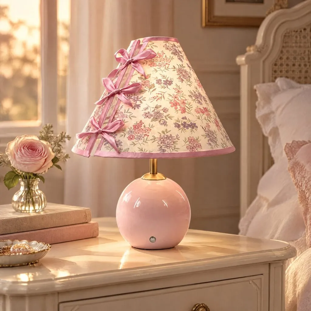 Cordless pink ceramic ball-base table lamp with a gold-tone stem and cone-shaped floral shade on a cream nightstand