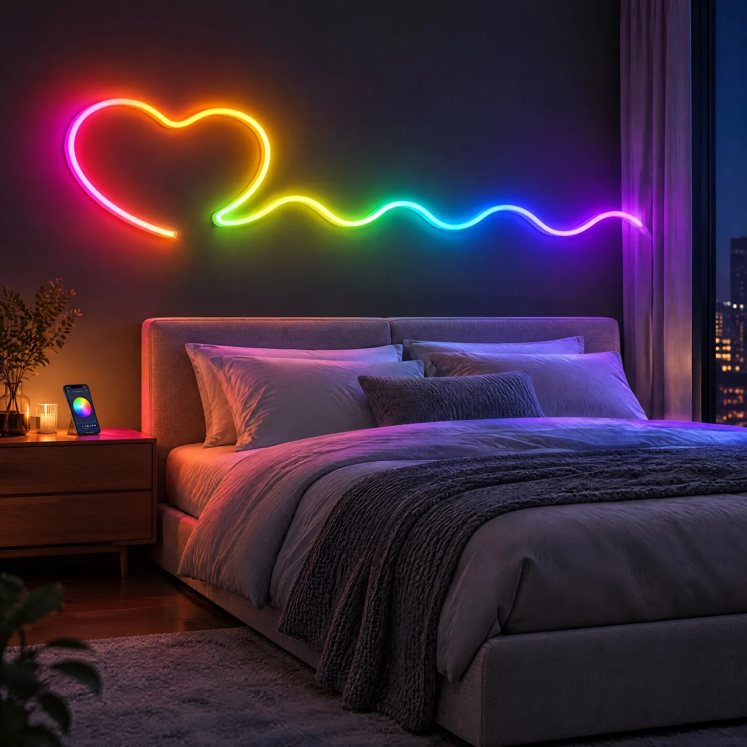 RGBIC neon rope light shaped into a heart and a wave above a bed, with a phone showing the colour app