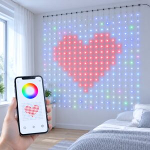 Phone app drawing a heart pattern on RGB curtain lights in a bedroom