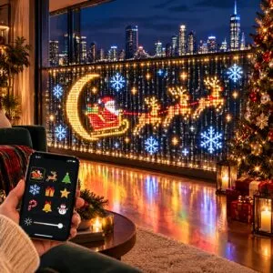 Smart curtain lights showing Santa's sleigh and reindeer along a glass balcony rail, with the picture chosen in a phone app