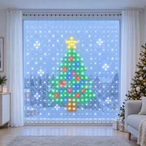 Smart curtain lights showing a pixel Christmas tree in a living-room window
