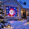 Smart curtain lights showing a pixel Santa and snowflakes in a front window on a snowy night