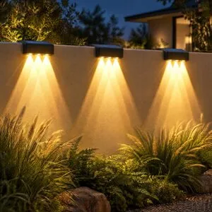 Three solar wall wash lights casting warm V-shaped beams down a rendered garden wall