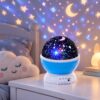 Star and moon projector night light with a star-cut dome and blue body, casting stars and moons on a child's bedroom wall