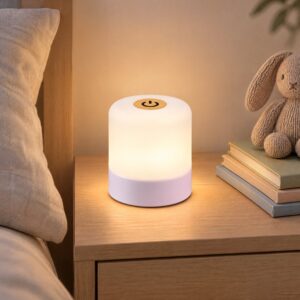 Frosted cylinder touch night light with a wood-grain touch top on a bedside table