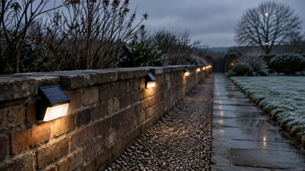Wall-mounted solar lights along a garden path under winter cloud cover at dusk