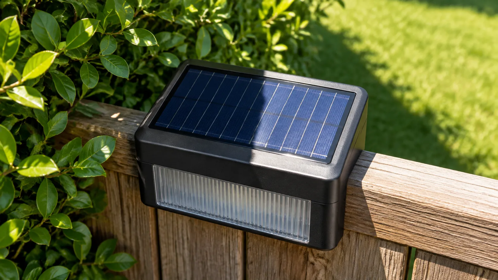 Solar light panel half in shade under a hedge, showing where charge is lost