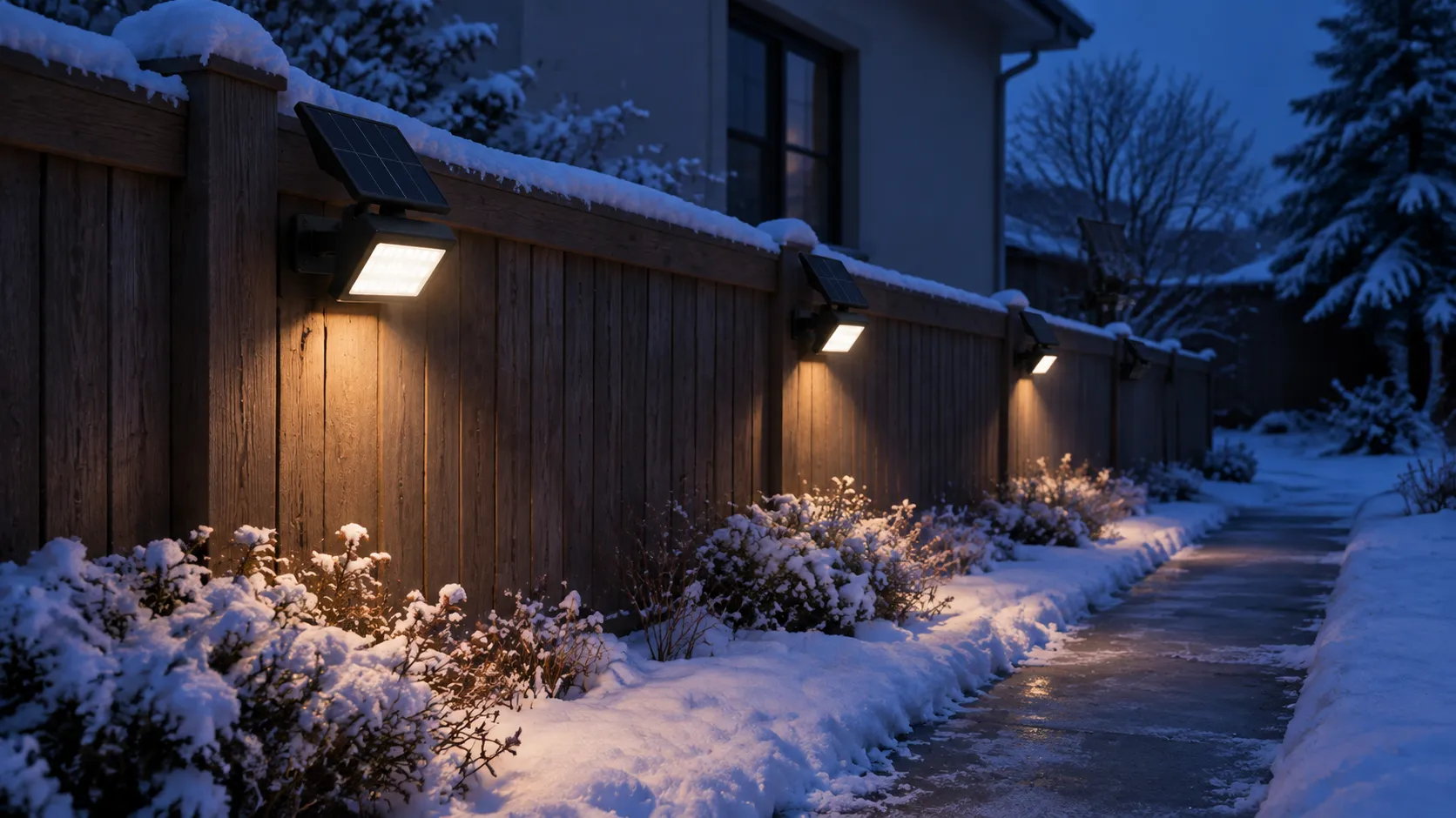Wall-mounted solar lights glowing dimly above snow in early evening